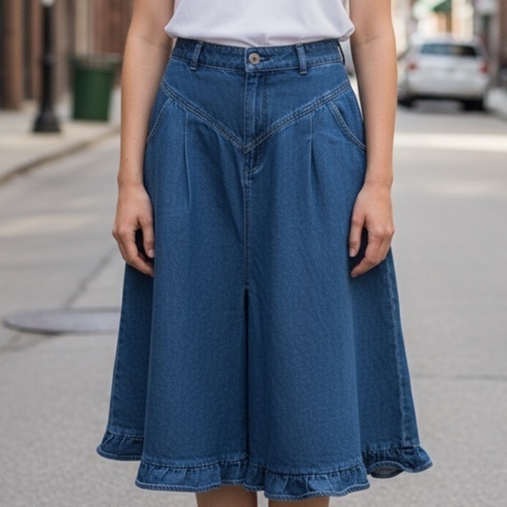 Vintage NWT Blue Denim Western Midi Skirt Girls Large